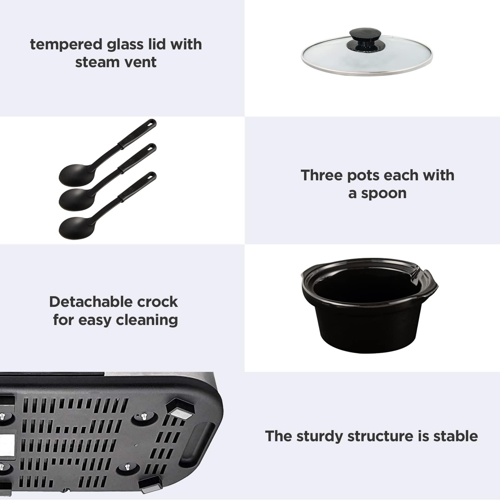 Sunvivi Sunvivi Slow Cooker, Triple Slow Cooker Buffet Server and Food Warmer, 3-Section 1.5-Quart Upgraded Oval Ceramic Pot with Stainless Steel Lid Rests, 3 Spoons, Total 4.5 QT