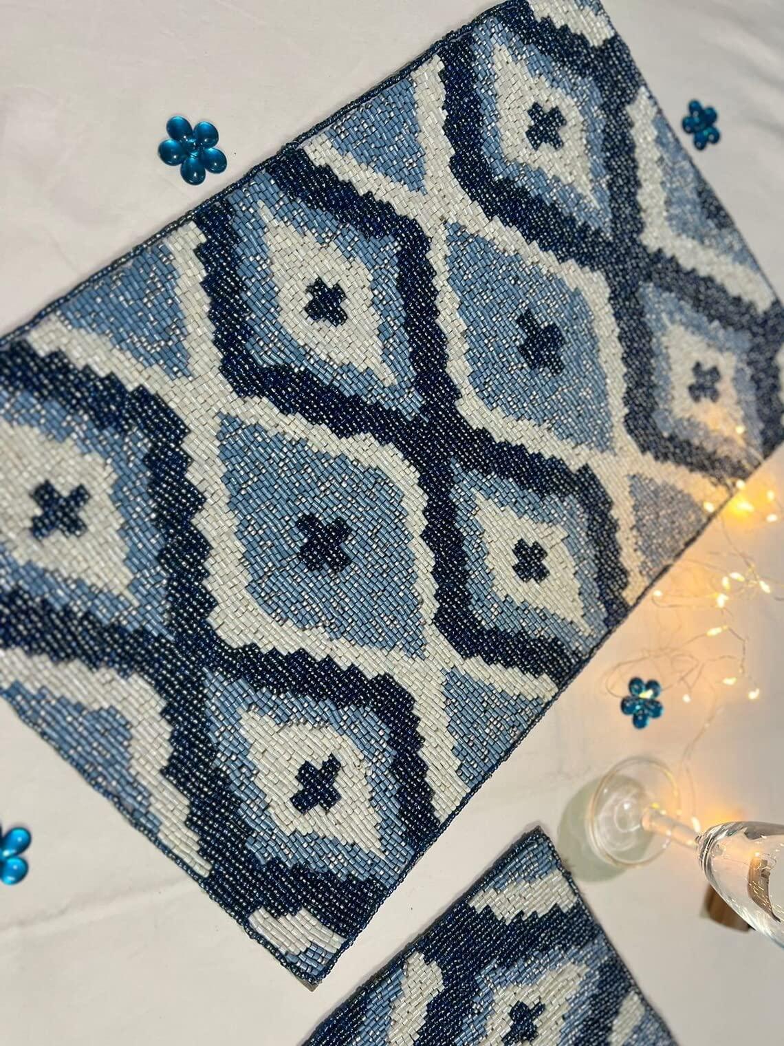 HM CREATION HM CREATIONS Set of 6 Placemats, Handmade Beaded Placemats, Geometrical Tablemats, Designer Charger Plates 12X15Inches (6)