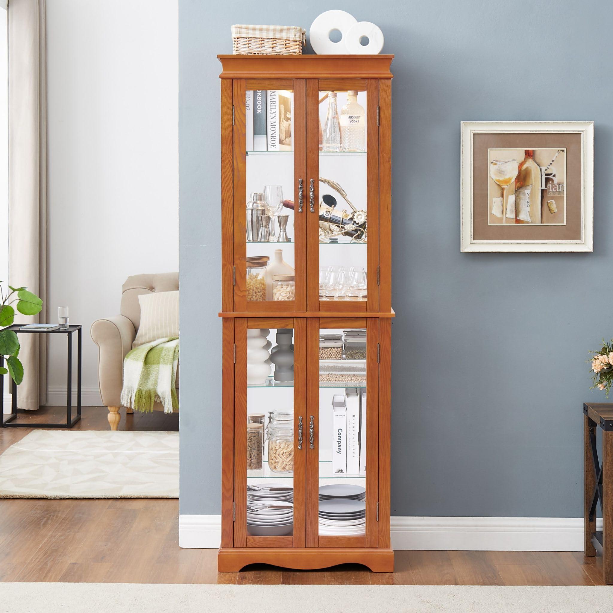 CKEASEAN CKEASEAN Curio Cabinet 71" Lighted Glass Display Cabinet, Wooden China Cabinet with 6 Adjustable Shelves, Tempered Glass Doors, Light Bulb Included, Rack for Living Room (Dark Oak)