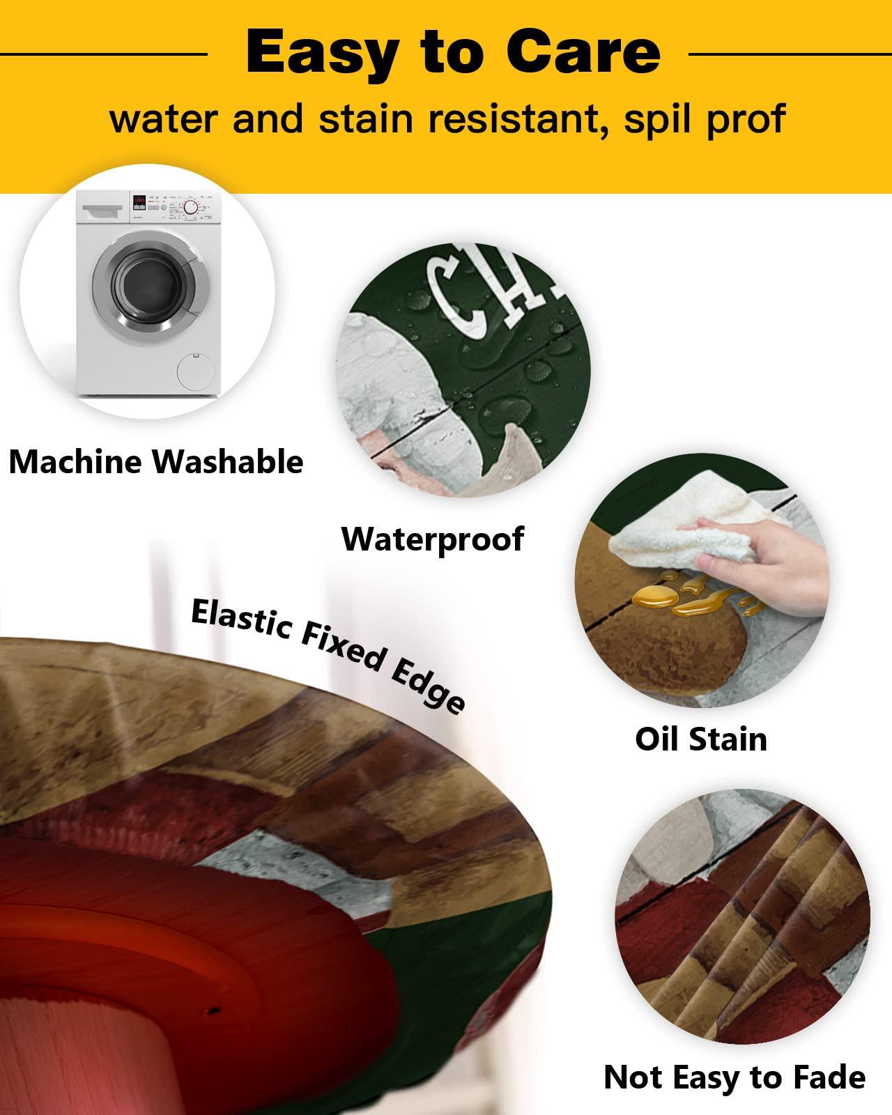 SEVENBABU SEVENBABU Round Table Cover 45-54 Inch, Waterproof Reusable Table Cloth Round Fitted Vinyl Tablecloth with Elastic Edged for Parties Outdoors, Merry Christmas Joy Santa Claus Green Wood Grain