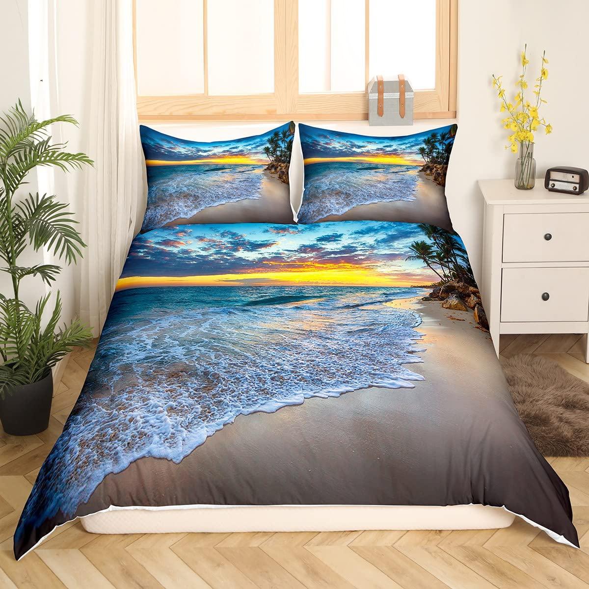 Erosebridal Beach Duvet Cover Full Ocean Bedding Kids Girls Boys Hawaiian Sea Waves Comforter Cover Tropical Sunset and Sea Beach Nature Theme Print bedding Botanical Beach House Decorative Bedspread with Zipper