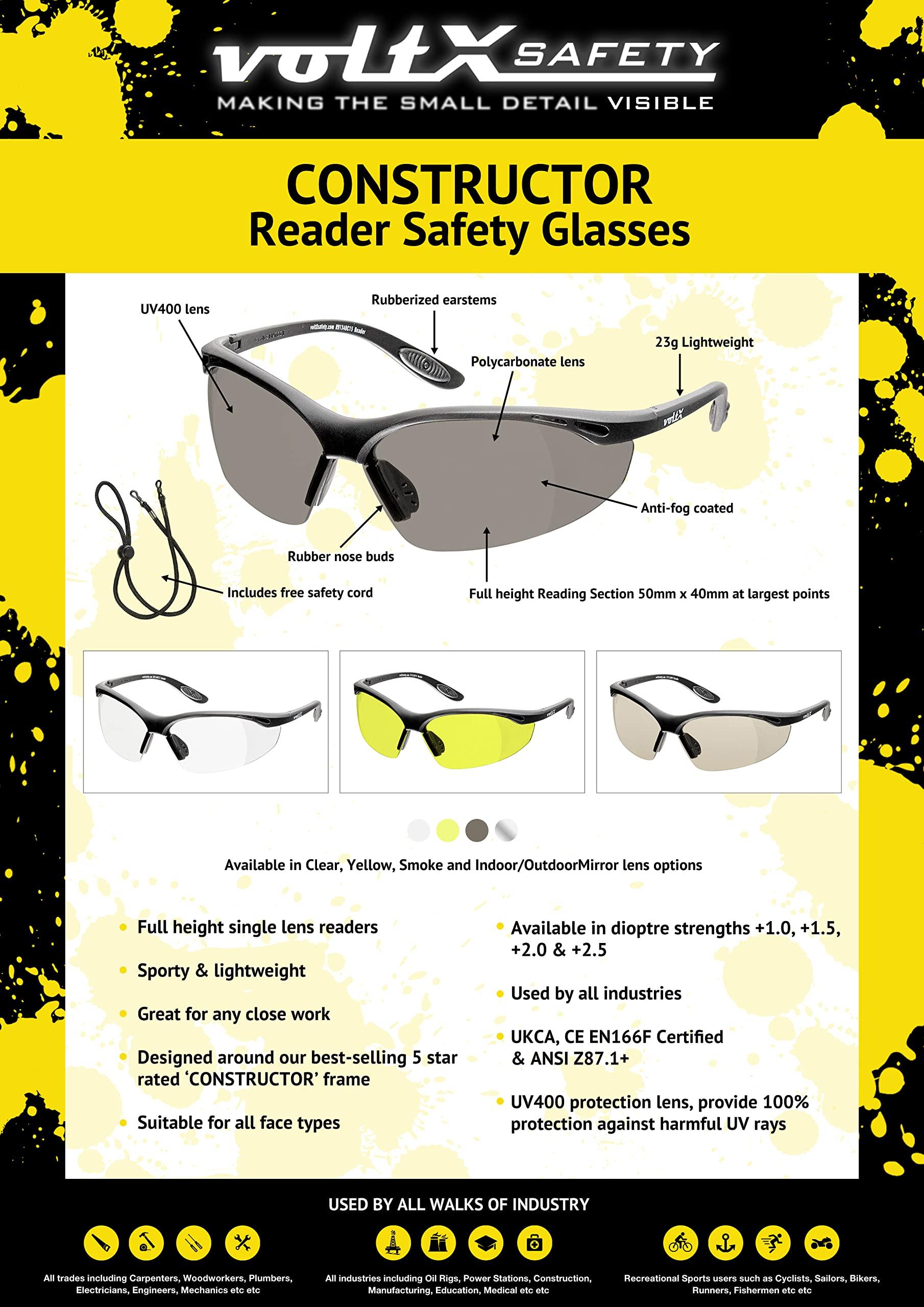 voltX voltX \'Constructor\' SAFETY READERS Full Lens Reading Safety Glasses (+2.0 Dioptre, Smoke) ANSI Z87.1+ & CE EN166F, Wraparound Style - Includes Safety Cord with headstop - UV400 anti fog coated lens