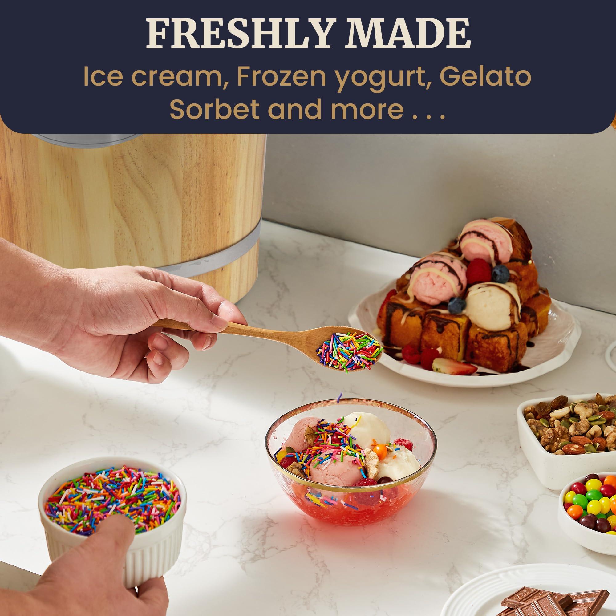 Elite Gourmet Elite Gourmet Old Fashioned 6 Quart Vintage Appalachian Wood Bucket Electric Ice Cream Maker Machine, *Bonus Classic Die-Cast Hand Crank for Churning, Uses Ice and Rock Salt Churns Ice Cream in Minute