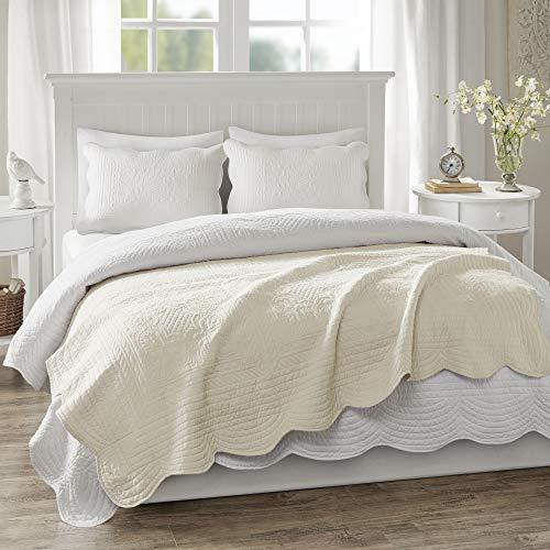 Madison Park Madison Park Madison Park Luxe Quilted Throw Blanket - Damask Stitching Design, Cotton Filled Spread, Ultra Soft, Cozy Bedding for Living Room Couch, Sofa, Bed, 60x72", Scalloped Borders Cream