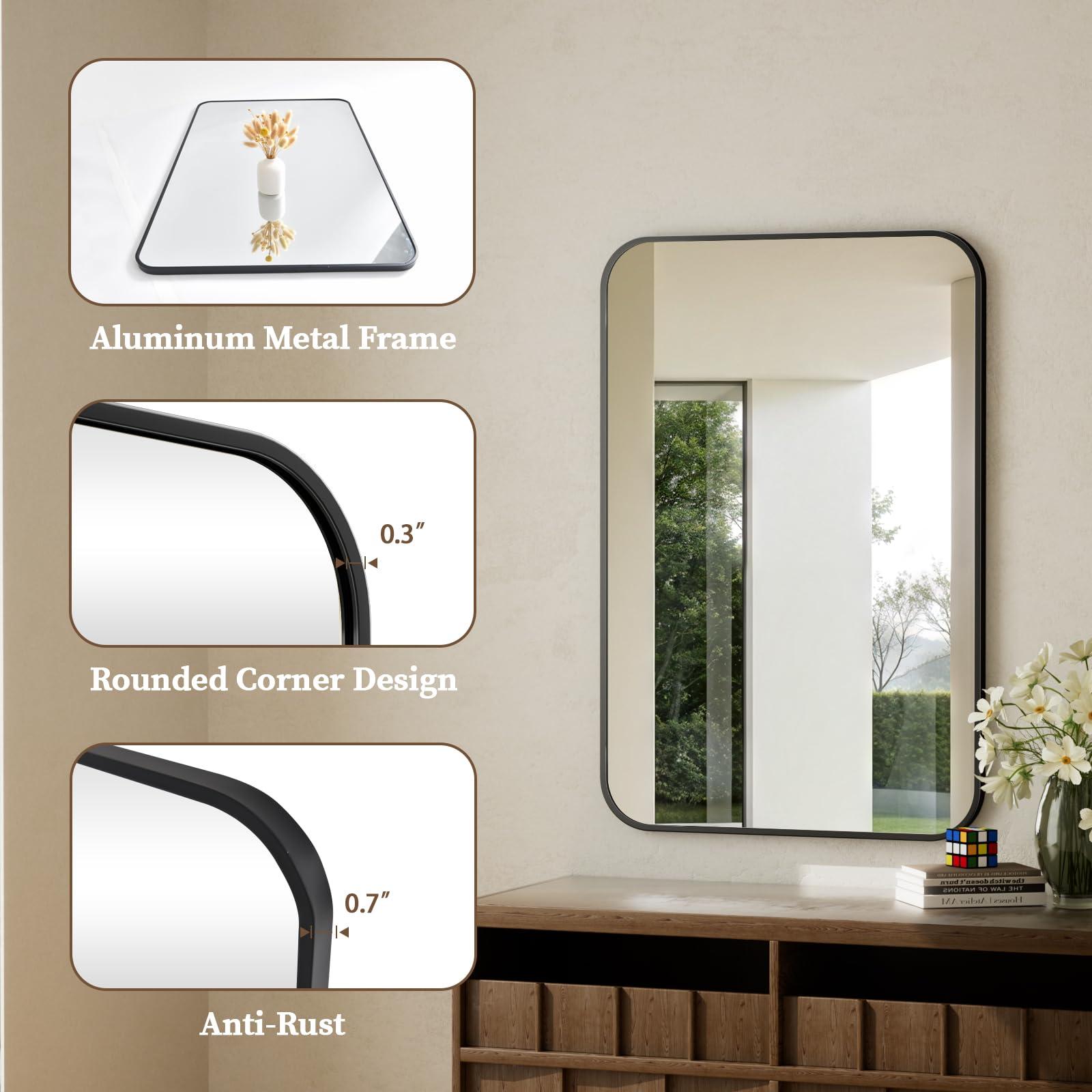 BEAUTYPEAK BEAUTYPEAK 26" x 38" Rectangular Aluminum Alloy Frame Wall Mounted Bathroom Mirror with Rounded Corners, Black