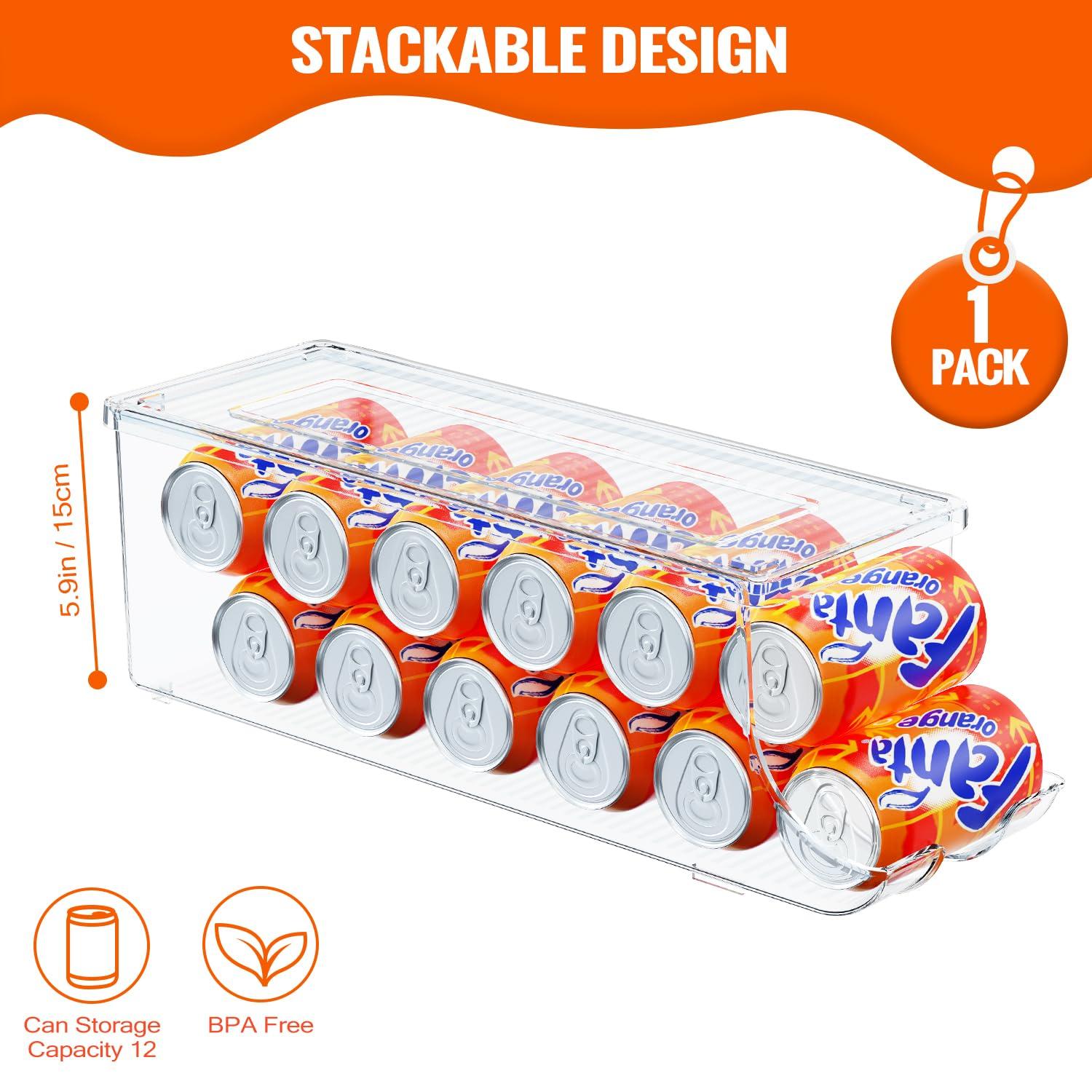 SCAVATA SCAVATA Soda Can Organizer for Refrigerator, Stackable Canned Food Pop Cans Container Can Holder Dispenser with Lid for Fridge Rack Freezer, Clear Storage Bins-Holds 12 Cans Each (One)