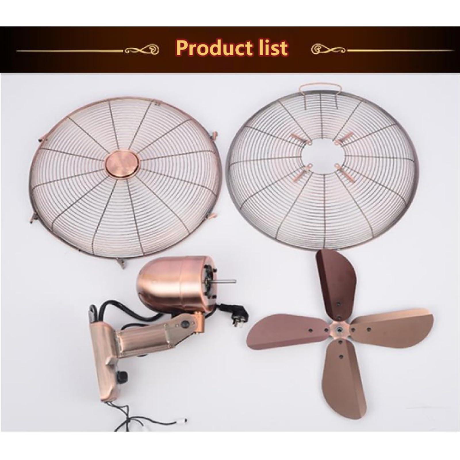 Topjia Metal Retro Wall Fan,3 Speed Mechanical / Remote Control Wall-mounted Fan,Left and right oscillating head wall mounted fan for Industrial,Commercial,Residential (18 inch, Red bronze remote control)