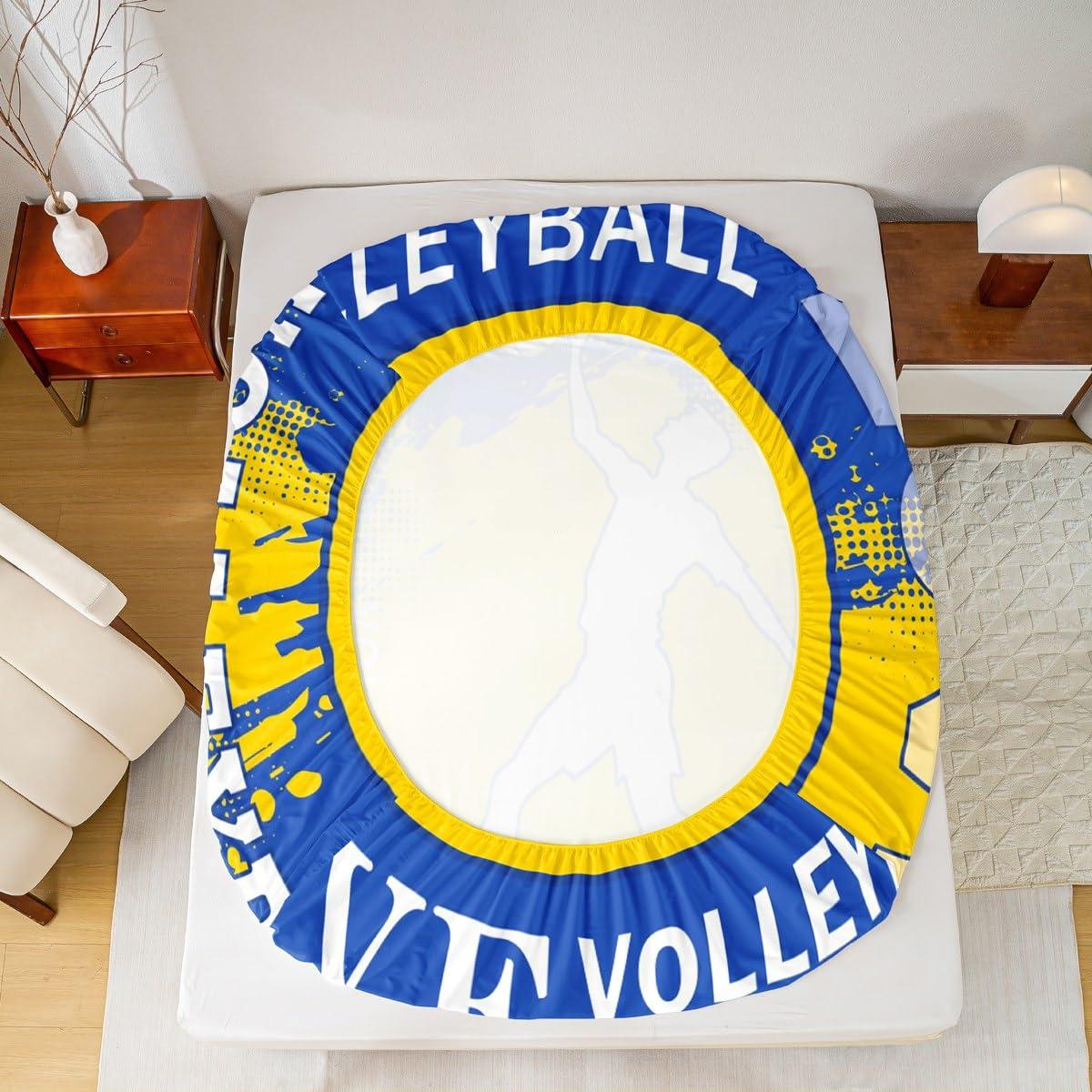 Homewish Volleyball Player Kids Sheet King Size,Sports Games Competition Lover Bedding Set,Girls Boys Adults Room Decor,Yellow Graffiti Fashion Blue Chic Bed Sheet Set 4pcs(Fitted + Flat + 2 Pillowcases)