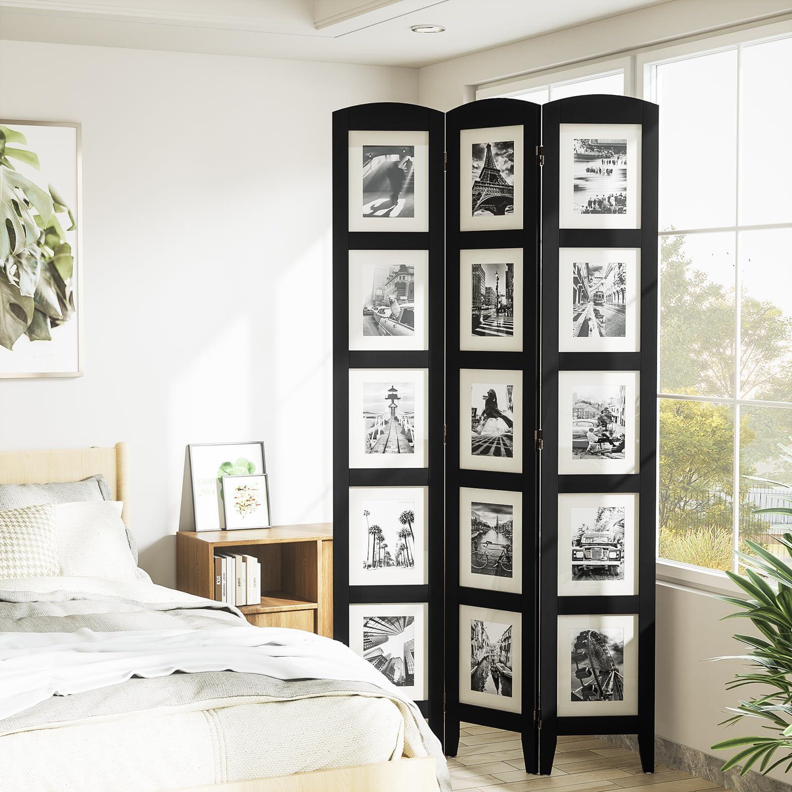 SZQINJI SZQINJI 3 Panel Photo Room Divider Screen, Solid Wood Divider for Room Separation for 8x10 Picture Frame Without Mat for 5x7 Photo with Mat, Black
