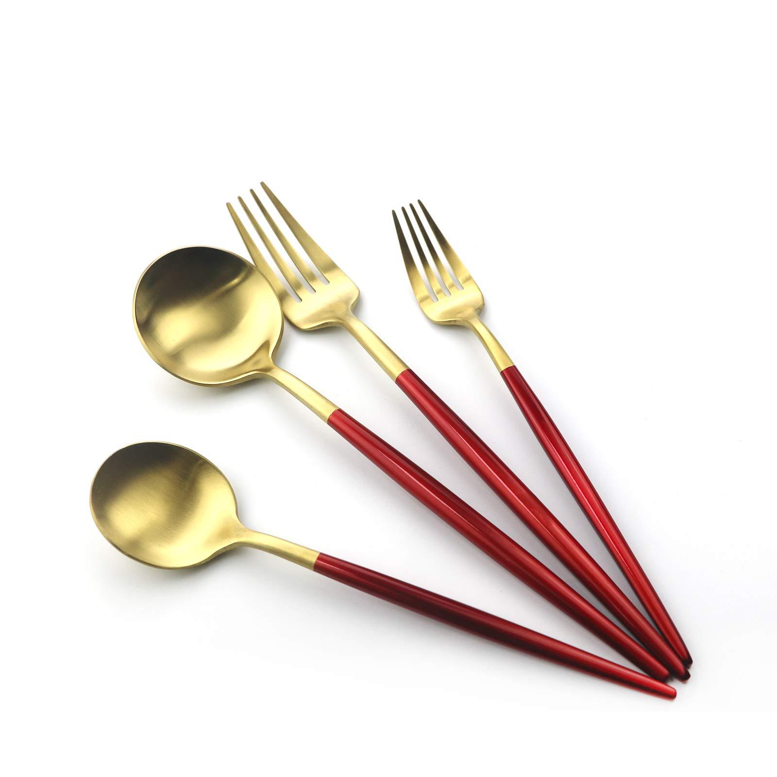 Gugrida Gugrida 20 Pieces Matte Gold Red Handle 18/10 Stainless Steel Silverware Set, Flatware Set Titanium Black Cutlery Set, Utensils Set for Home Restaurant Service Set for 4, Dishwasher Safe (Red Gold)