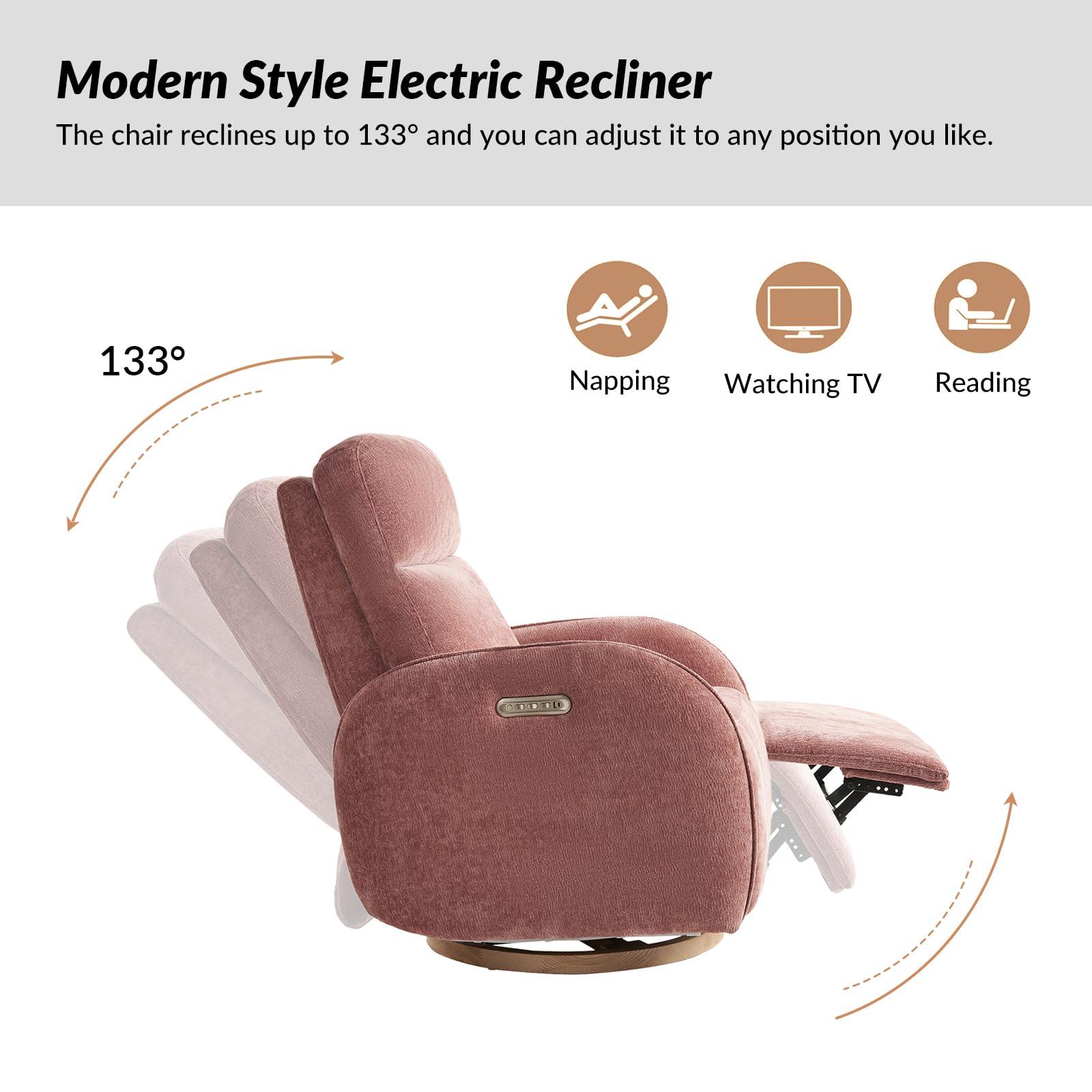The support you need Premium Power Nursery Glider Recliner Chair with 240-degree Swivel Rocker Recliner and Adjustable Headrests, Modern Electric Recliner with USB Port and Nightlight for Nursing Room Bedroom, Pink