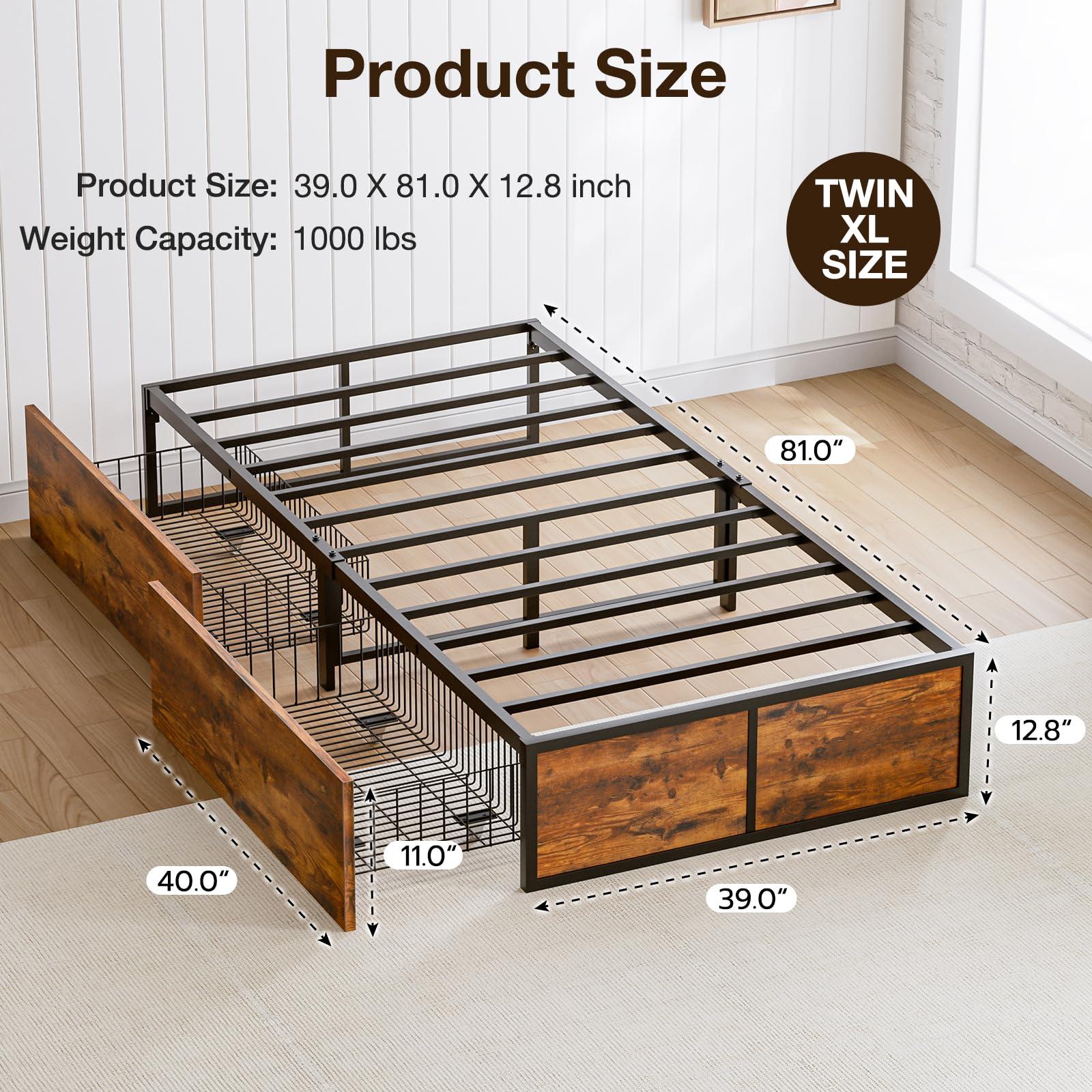 GAZHOME GAZHOME Twin XL Bed Frame with 2 XL Storage Drawers, Metal Platform Bed Frame with Footboard, 9 Strong Metal Slat Support/No Box Spring Needed/Easy Assembly/Space Saving Wood