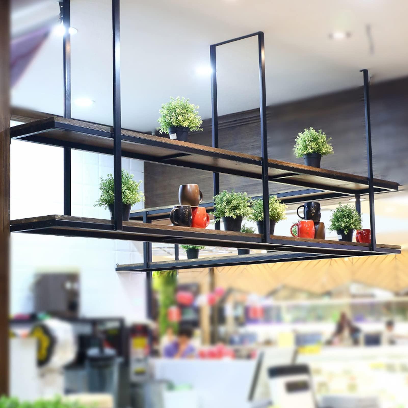 SXBHDM Ceiling-Mount Shelf Kitchen Bar Floating Shelves Storage Shelving Wood Wall Shelf Kitchen Spice Rack, Hanging Under Counter Shelf for Kitchen, Wood and Metal (Size : 120x30x80cm)