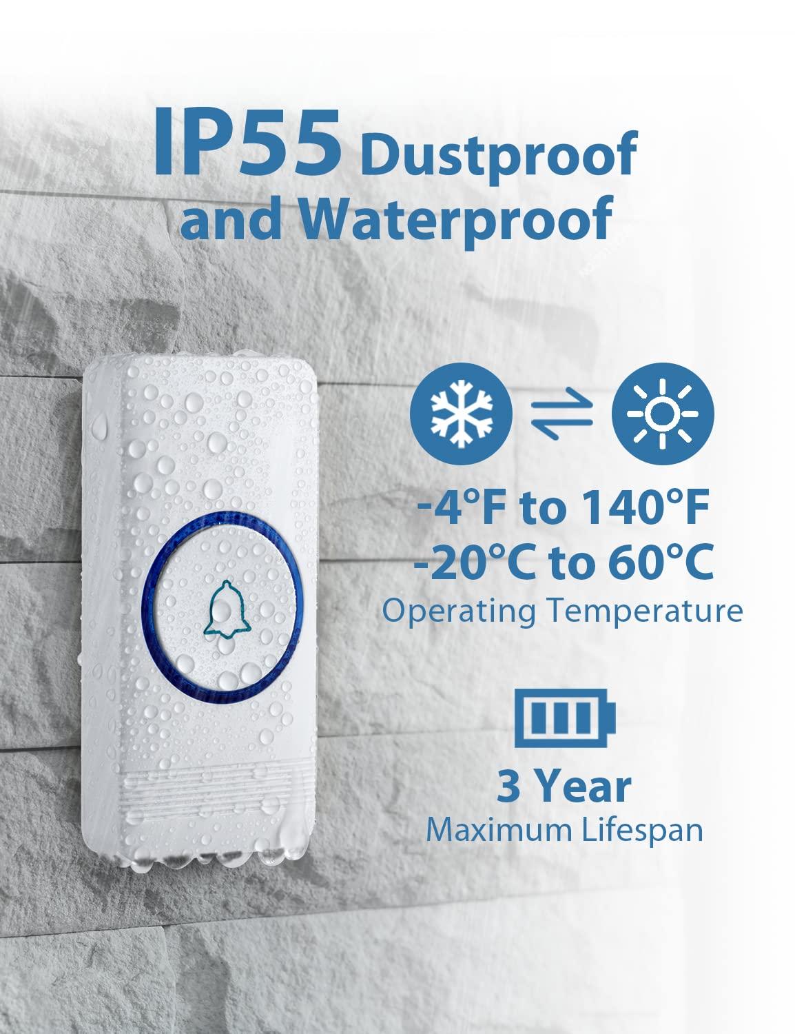 AVANTEK AVANTEK Wireless Doorbell, D-3W Waterproof Door Chime Kit Operating at over 1300 Feet with 2 Plug-In Receivers, 52 Melodies, CD Quality Sound and LED Flash