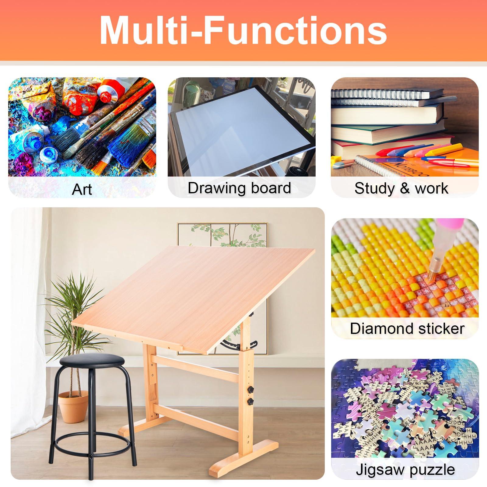 Falling in Art Falling in Art Wooden Drafting Table and Stool Set, 30\" x 42\" Adjustable Height and Angle Solid Wood Drawing Desk for Adults, Artist Craft Table for Painting Artwork, Reading, and Writing