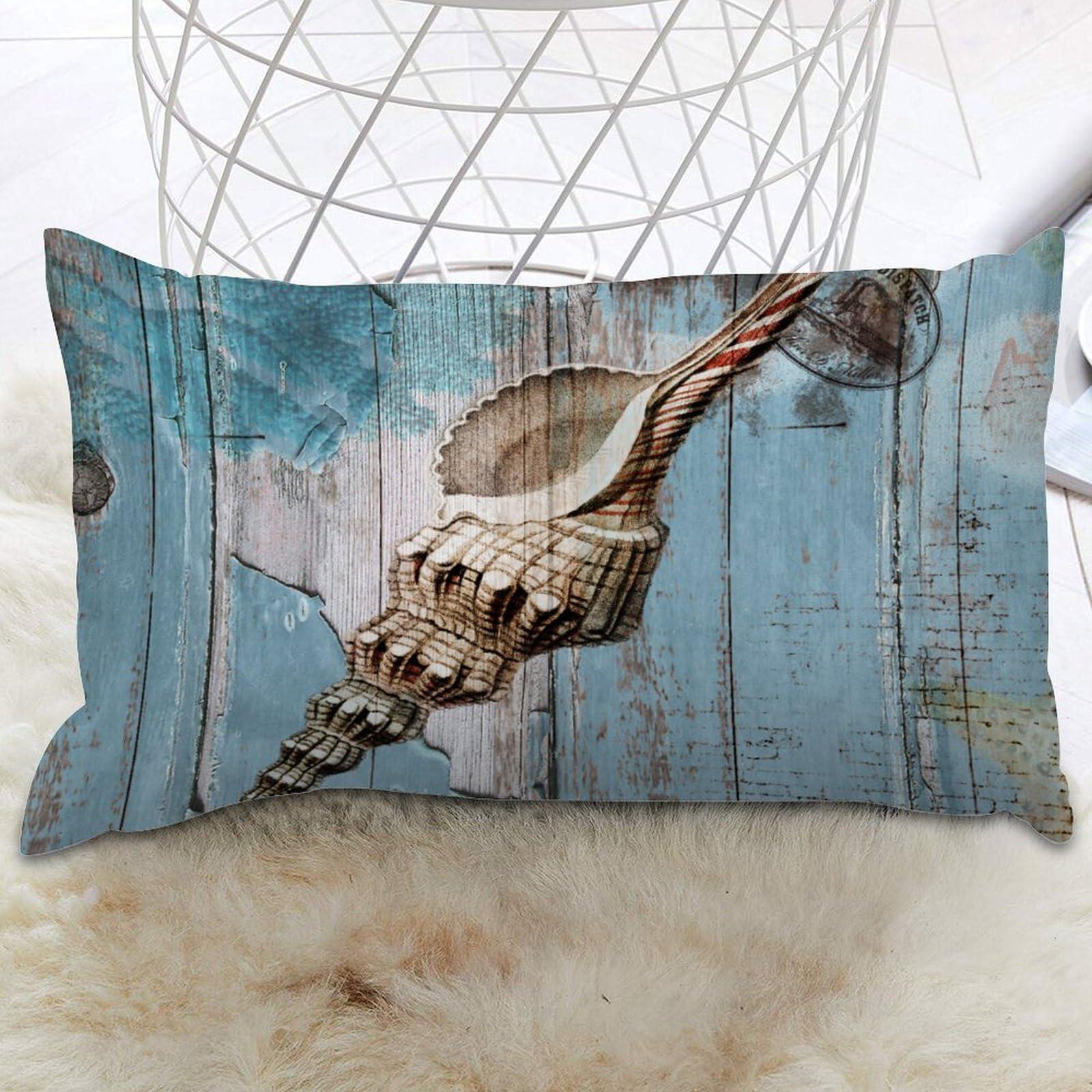 luckluccy luckluccy Conch Beach Pillow Cover Blue Wood Grain Lumbar Pillowcases Beach Themed 12x16in Decorative Pillow Home Cotton Linen Mediterranean Style Pillow Cover for Sofa Couch Bedroom Living Room