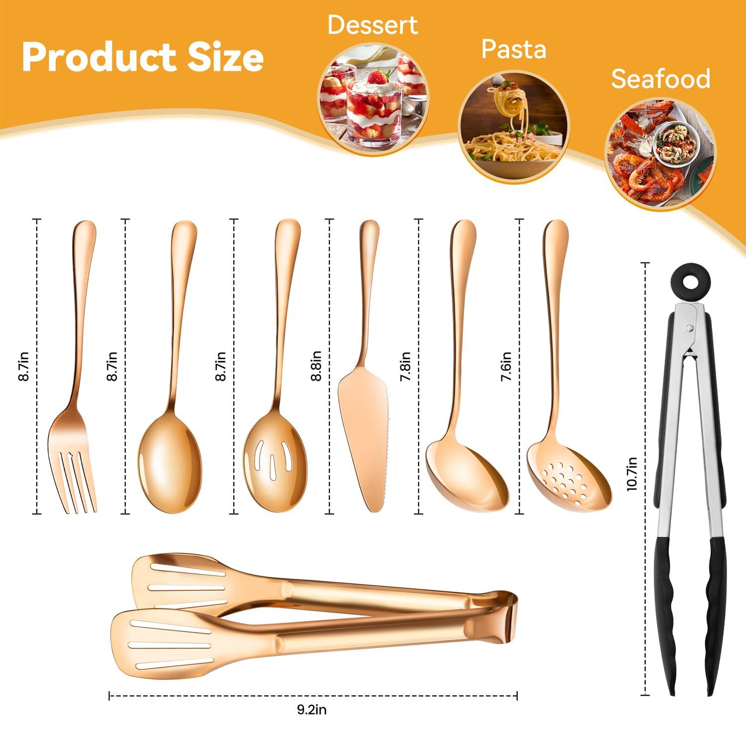 LifeMusican Rose Gold Serving Utensils Set Stainless Steel, Large Metal Serving Spoons, Slotted Spoons, Forks, Tongs, Soup and Skimmer Spoon, Cake Server serveware for Partie, Buffet, Catering, Entertaining 15pcs