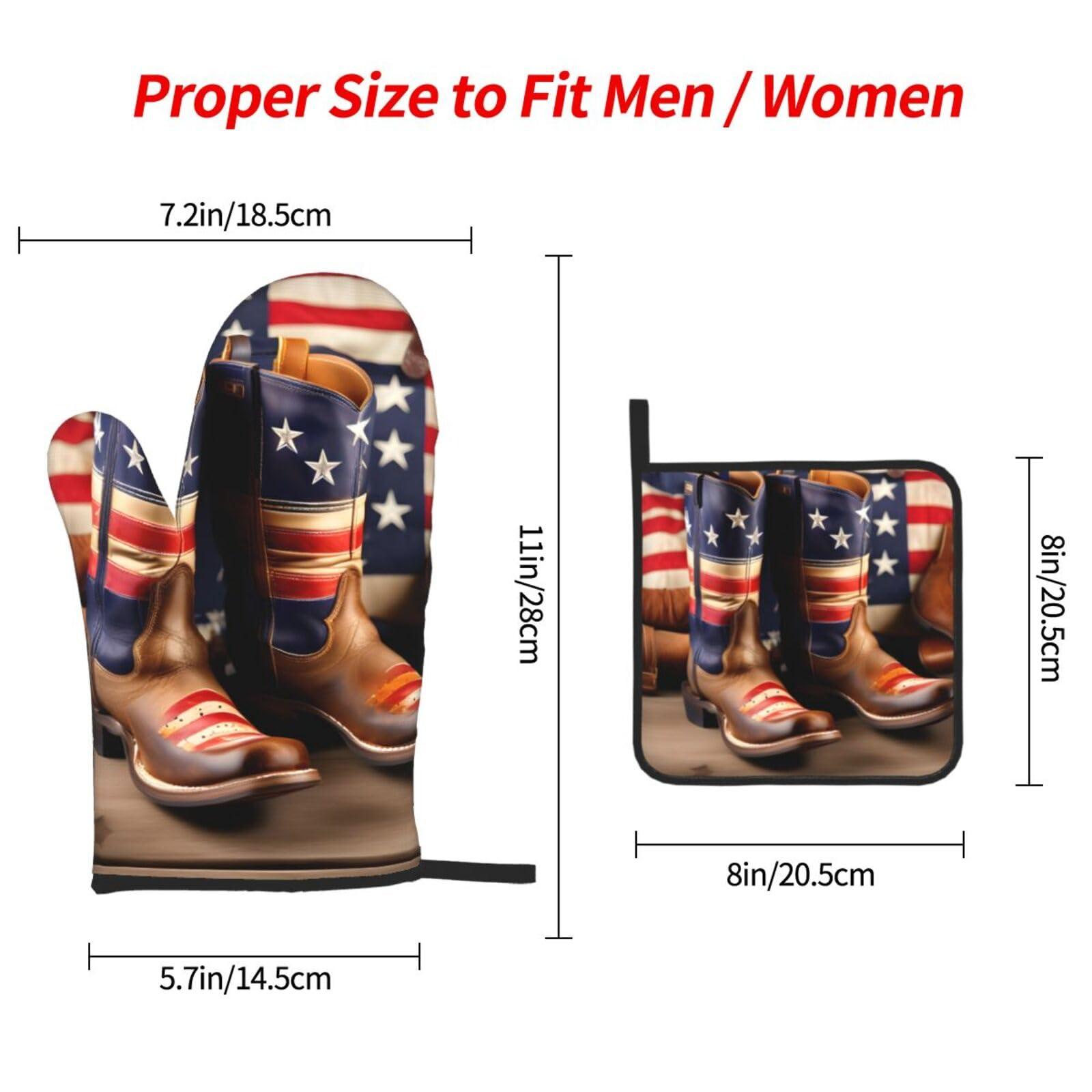 ZISHAK American Flag with Cowboy Boots Oven Mitts and Pot Holders SetUltimate Heat Resistant Set for Kitchen and Dining