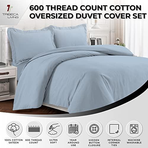 Tribeca Living Tribeca Living Egyptian Cotton King Duvet Cover Set, 3pc Oversized Plain Bedding Set Includes King Duvet Cover And Two Sham Pillowcases, 600 Thread Count, Sky Blue