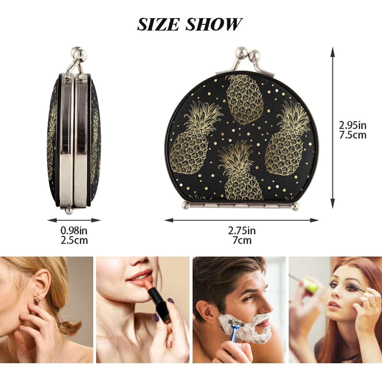 Poeticcity Seamless Golden Pineapples Hand Drawn Gold Pineapple Dots on Dark Compact Makeup Mirror, Twin-Sided Cosmetic Mirror with 2 x 1x Magnification, Buckle Folding Mini Pocket Portable Hand Mirror