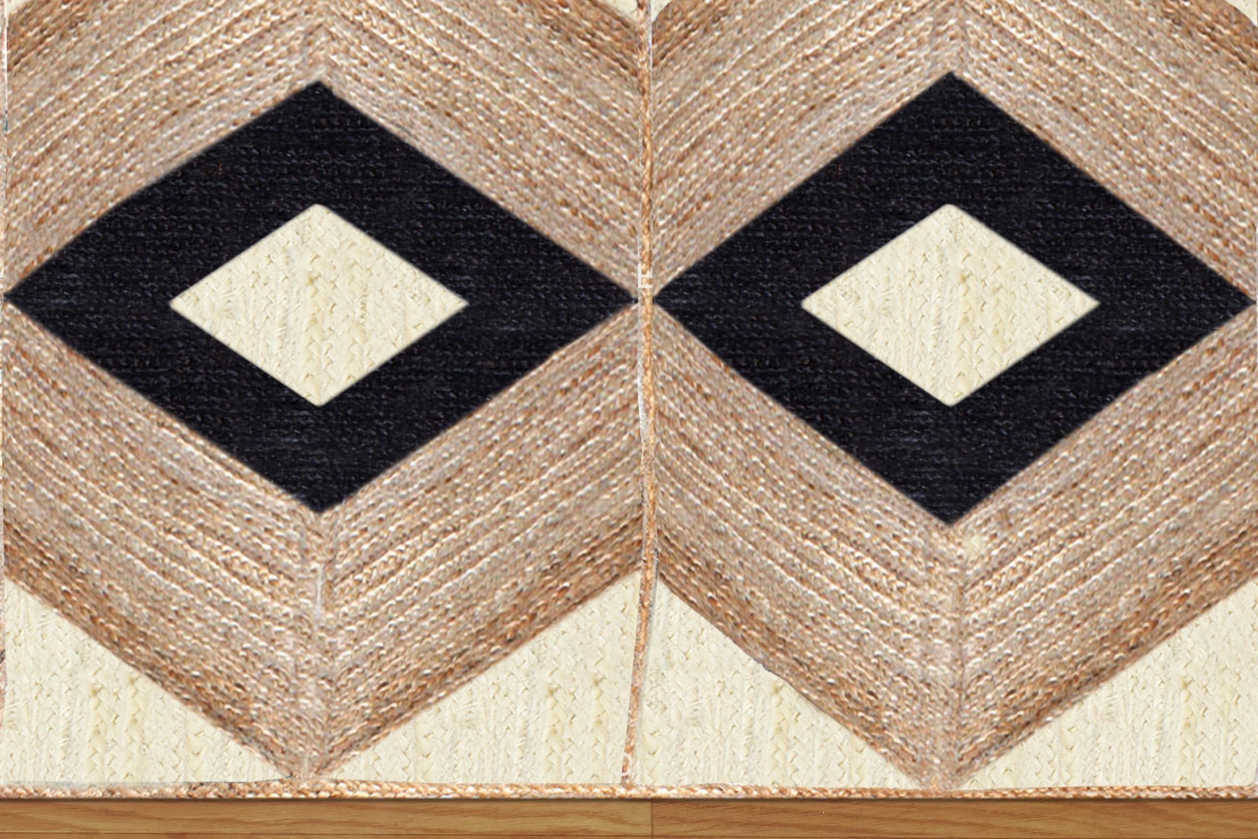 CASAVANI Geometric Woven Area Rug, Natural Jute Kilim Rug, 9x9 Ft Square Beige & Black Braided Flatweave Dhurrie Carpet for Living Room, Entryway, Kitchen, Farmhouse