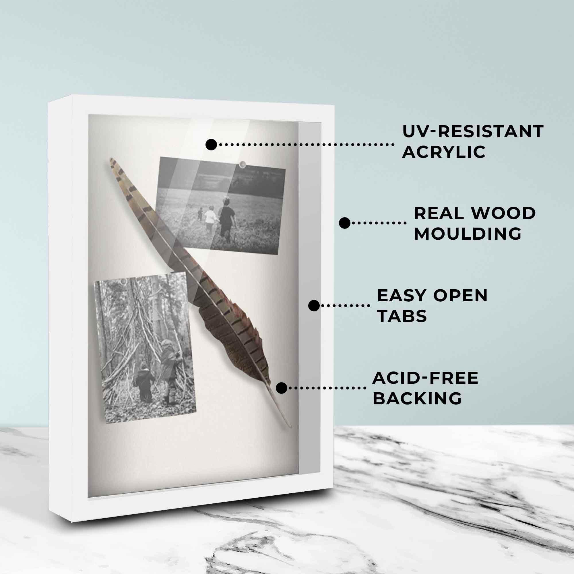 CustomPictureFrames.com 18x7 Shadow Box High Gloss White Display Frame | 1.625 Inches Deep | 1 Inch Moulding Width | Solid Wood | UV Resistant Acrylic Plexiglass, Acid Free Foamboard Backing and Hanging Hardware Included