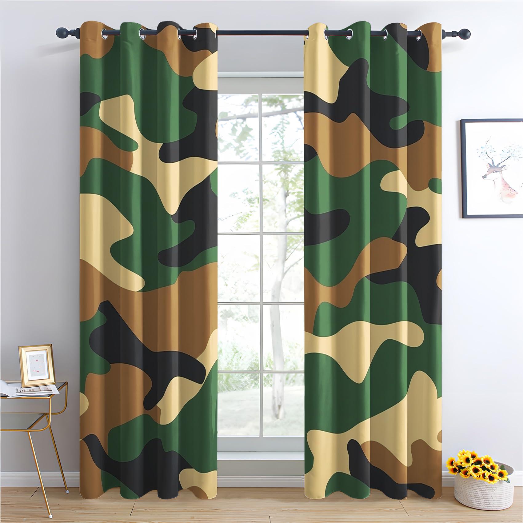 Phtbz Camo Curtains for Boys Bedroom - Green Army Camo Curtains for Bedroom Living Room, Camouflage Blackout Curtains & Home Decor, Military Window Curtains & Drapes, 96 Inch Curtains 2 Panel Set