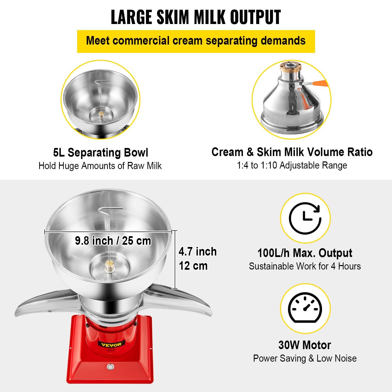 VEVOR VEVOR Milk Cream Separator, 100L/h Output Cream Centrifugal Separator, 304 Stainless Steel Milk Skimmer with 5L Bowl Capacity, 10500RPM Rotating Speed Cream Separator, Perfect for Dairy Farm Family