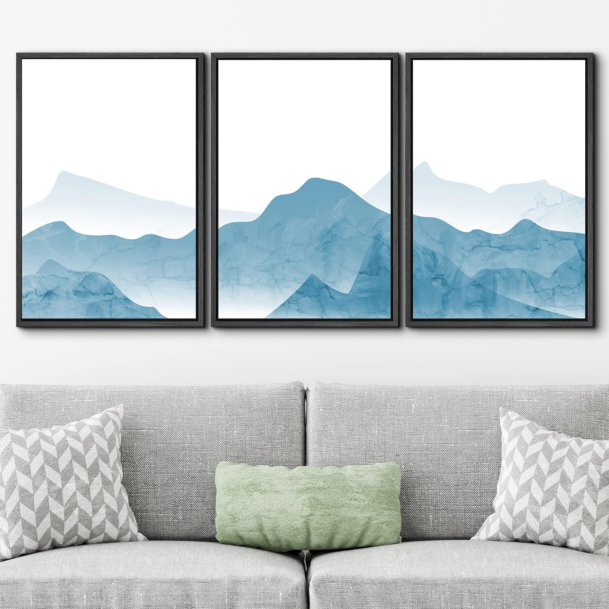 SIGNWIN SIGNWIN Framed Canvas Print Wall Art Blue Transparent Mountain Range Nature Wilderness Illustrations Modern Art Rustic Scenic Relax/Calm Cool for Living Room, Bedroom, Office - 24\"x36\"x3 Black