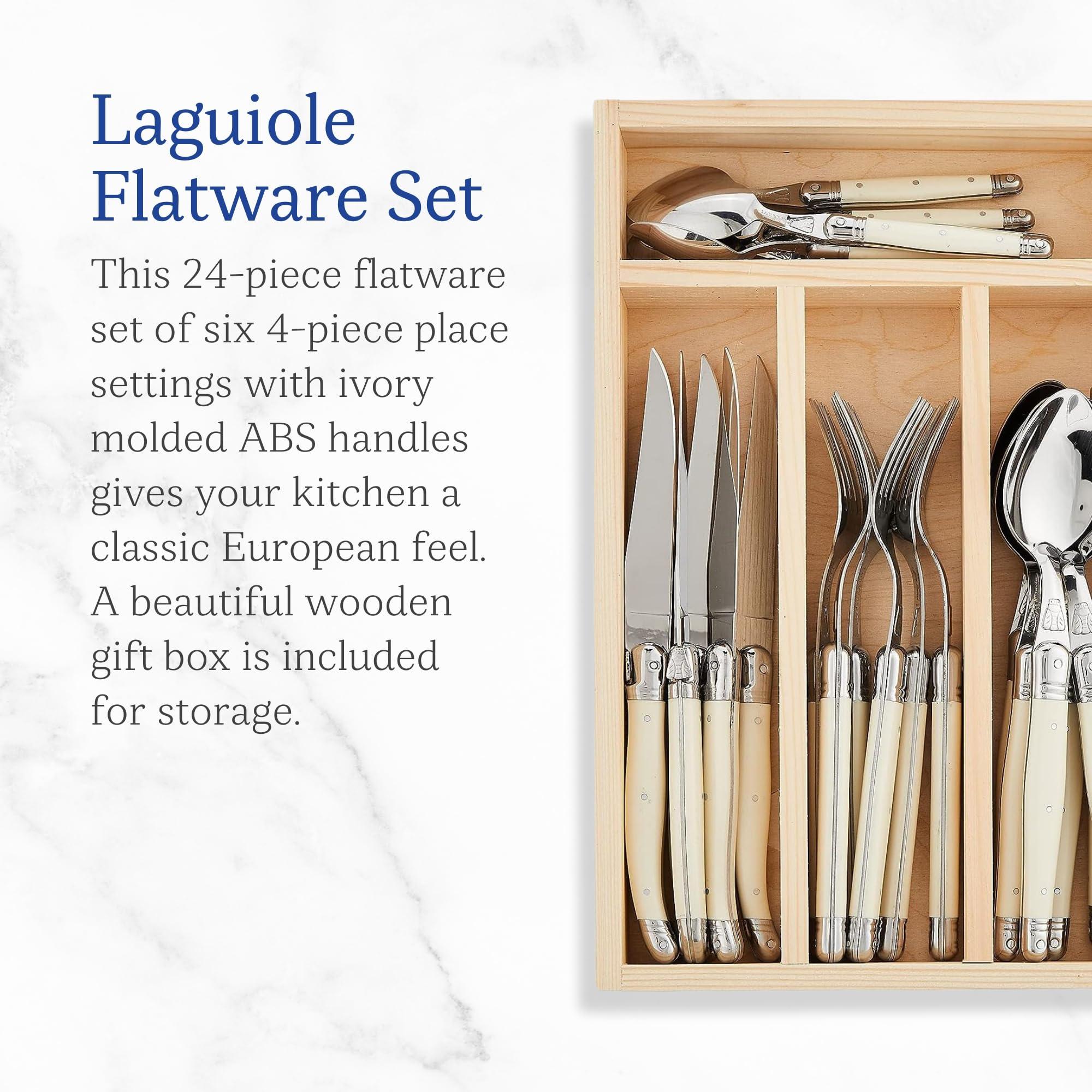 Jean Dubost Jean Dubost Laguiole 24-Piece Everyday Flatware Set, Ivory Handles - Rust-Resistant Stainless Steel - Includes Wooden Tray - Made in France