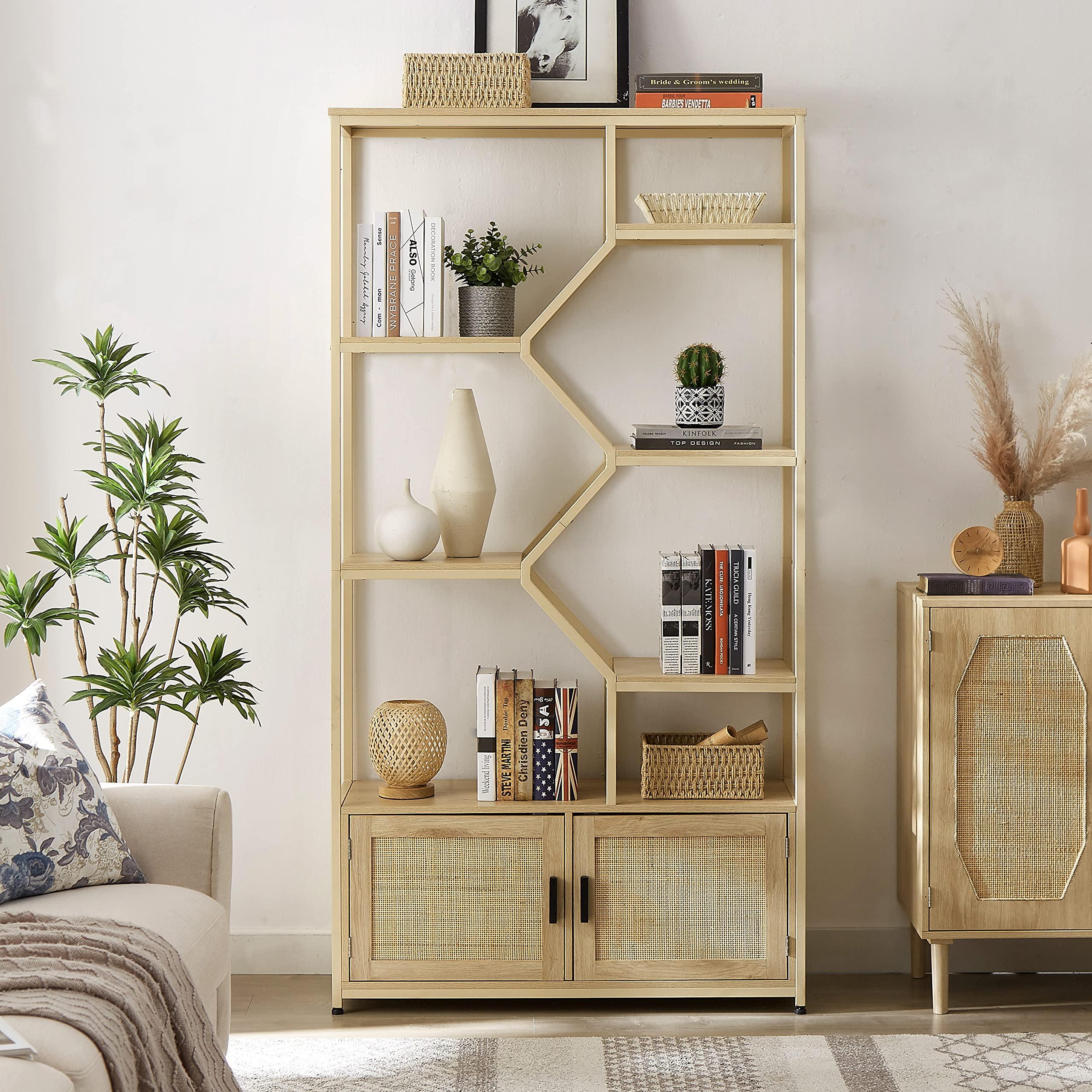 SPOFLYINN SPOFLYINN 7-Tier Bookshelf, Rattan Bookcase with 2 Doors Storage Cabinet Organizer, Free Standing Shelf Units for Living Room Home Office, 39.4''W x 13.8'' D x 75.6'' H Natural As Shown One Size