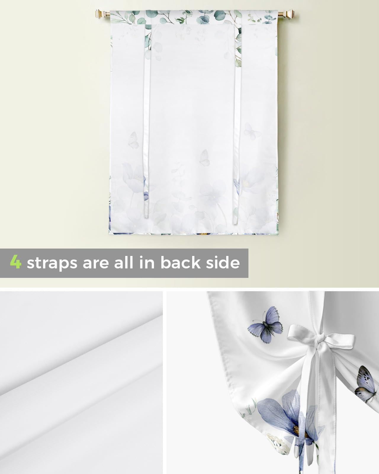Yukro Yukro Tie Up Curtains Window Shades,Blue Tulip Flower Butterfly Eucalyptus Leaves White Background Rod Pocket Tie Up Window Shade,Adjustable Balloon Curtain Shade for Blinds Kitchen Bathroom,42"x45"