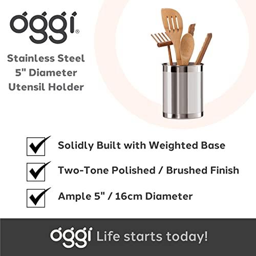 OGGI OGGI Stainless Steel Utensil Holder - 5" Diameter, Utensil Caddy, Weighted Base for Stability - Larger-Sized Utensil Crock and Countertop Utensil Organizer, Stainless Steel