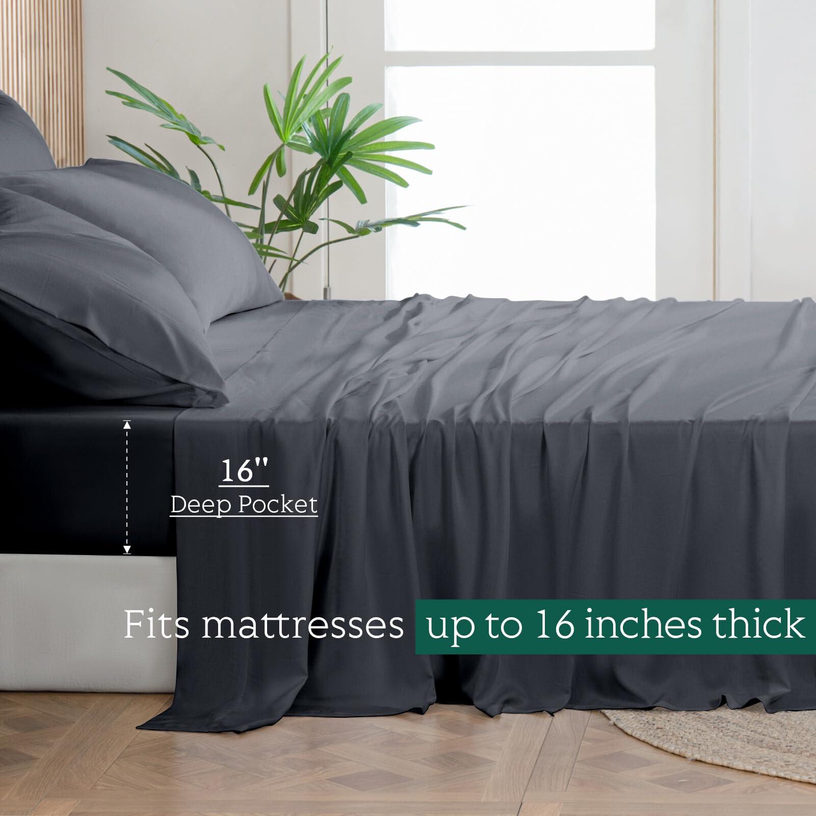 HOT SLEEPER SHEETS Cooling Sheets Set Cal King Size, Viscose Derived from Bamboo for Hot Sleepers | Deep Pocket Up to 16 Inch | Silky Soft & Breathable Bedding - 4PC (Cal King, Dark Grey)