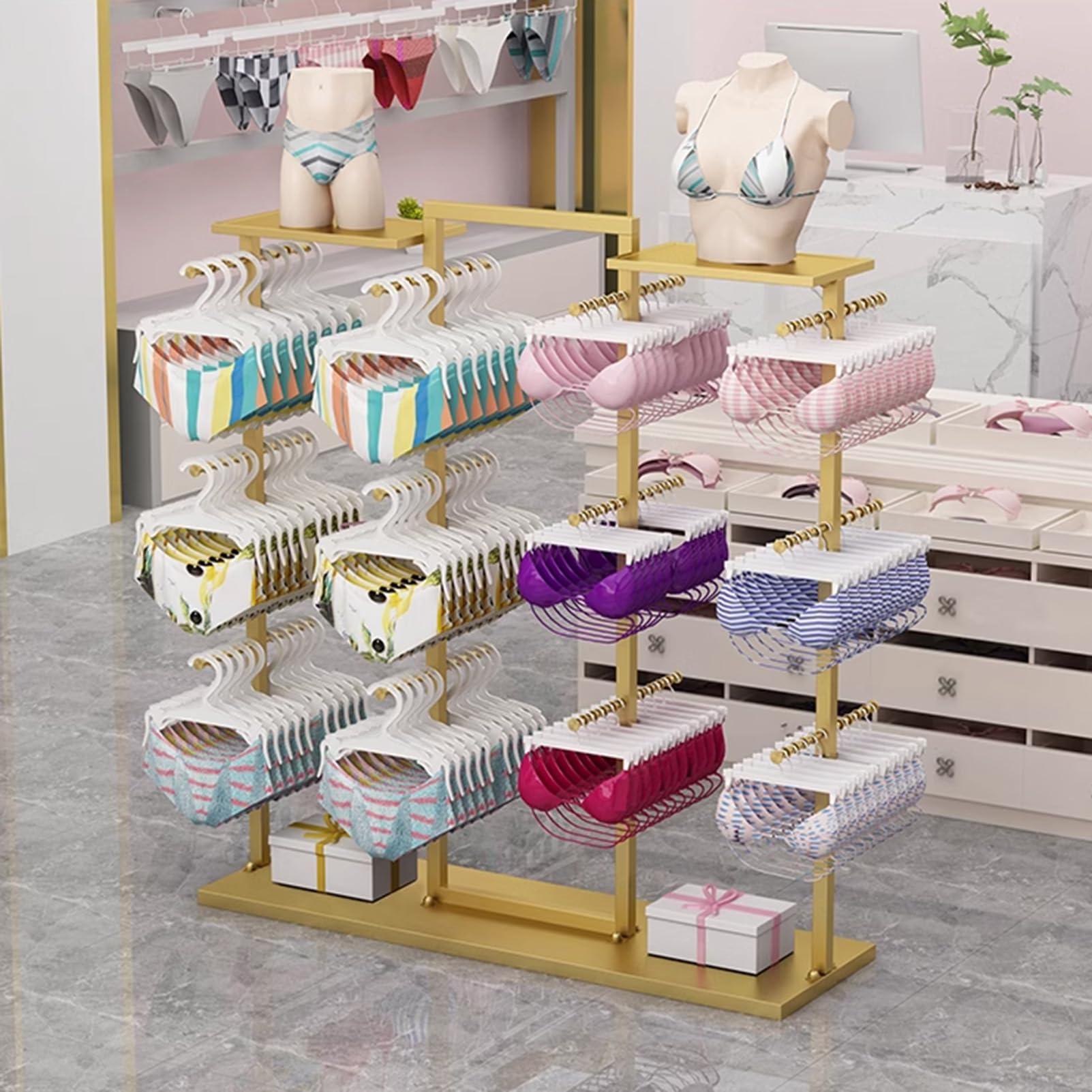 CMLBHD Coat Rack Stand, Underwear Display Stands, Freestanding Clothing Store Boutiques Retail Lingerie Garment Rack, Commercial Shelves for Socks Bra Panties Scarves Storage, 100x40x135CM, gold