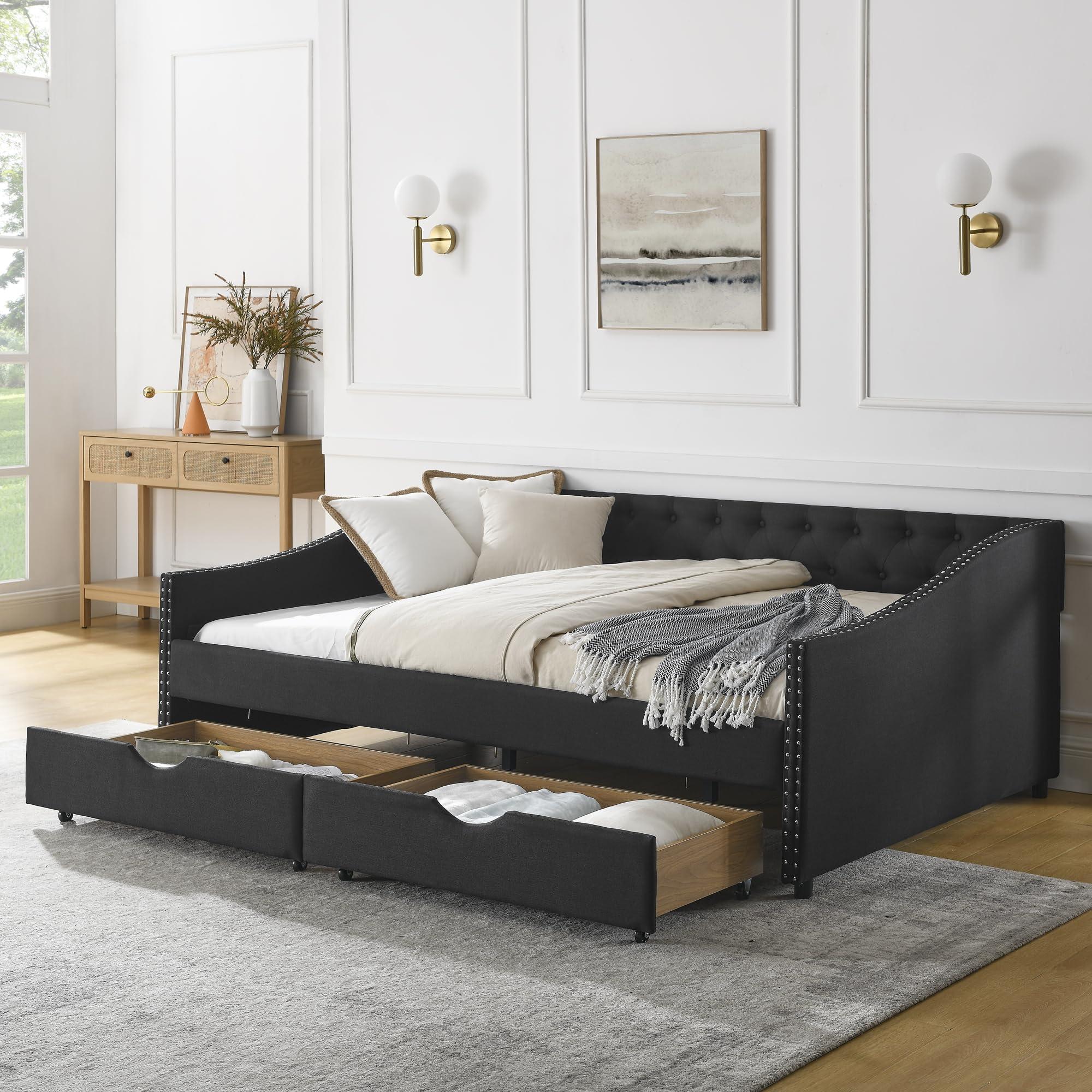 Flieks Flieks Linen Upholstered Full Daybed with Two Storage Drawers, Full Size Button Tufted Sofa Bed Daybed with Nailhead Trim and Wood Slat Support (Black)
