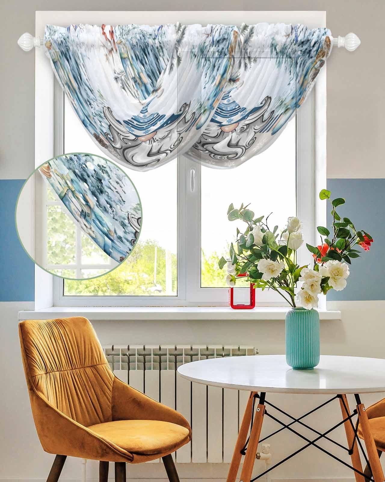 PRINT PICTURE ARTHOME Waterfall Valance Elegant Kitchen Curtains Valances, Winter Christmas Berries Pinecones Fir Tree Robin Gnome Swag Scarf Curtains Valances for Windows, Rod Pocket Window Scarf Valance 38.5x47.2 Inch