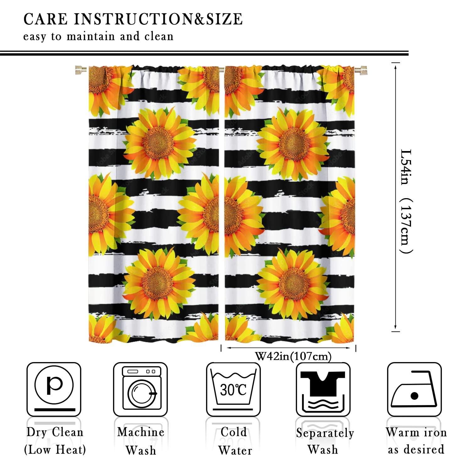 gaoyaqing Sunflower Black and White Striped Curtains, Sunflower Art Curtains on Black Edge Stripes, Sunflower Room Bedroom Blackout Insulation Curtains 2 Panels 42x54in