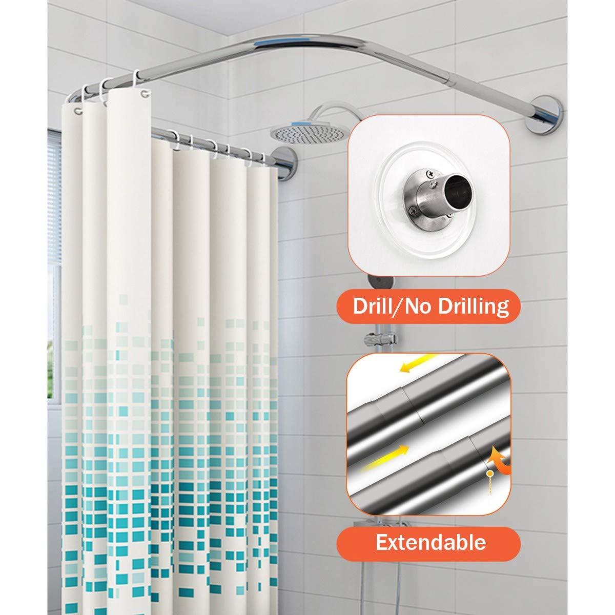 AWERQ Curved Shower Rod Tension Curtain Rod No Drill Adjustable U Shaped Shower Curtain Rail Pole Holder with Bath Curtain, for Bathroom, Clothing Store, Dressing Room, Outdoor Shower