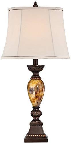 kathy ireland kathy ireland Mulholland Traditional Vintage Table Lamps 30\" Tall Set of 2 Aged Bronze Marbleized Golden Off White Fabric Oval Shade for Living Room Bedroom House Nightstand Office Entryway