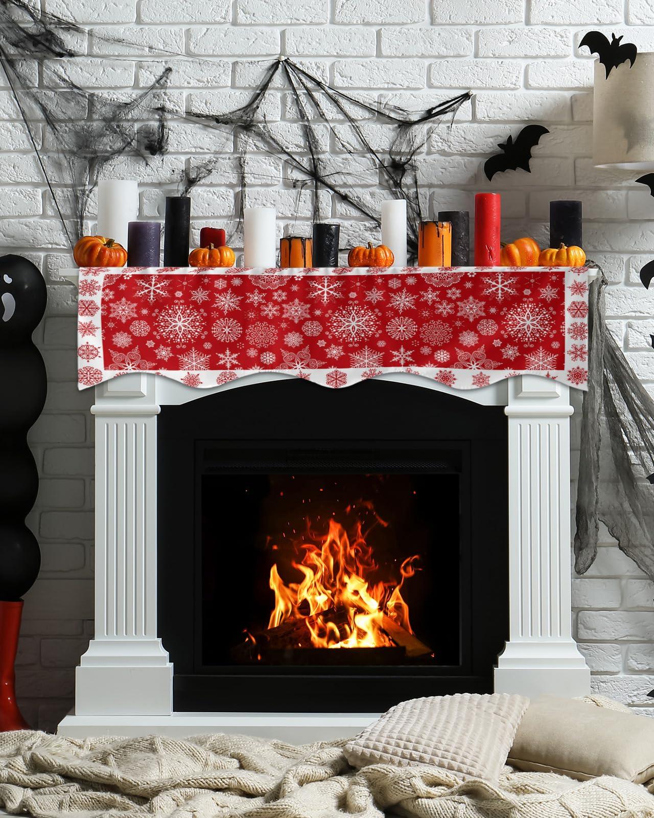 Edwiinsa Christmas Fireplace Mantel Scarf Table Runner, Winter Garland Mantel Top Tablerunners Dresser Scarves Cover Decorations for Windows Party Living Room 60x17 Red Merry Xmas Snowflake Winter Holiday