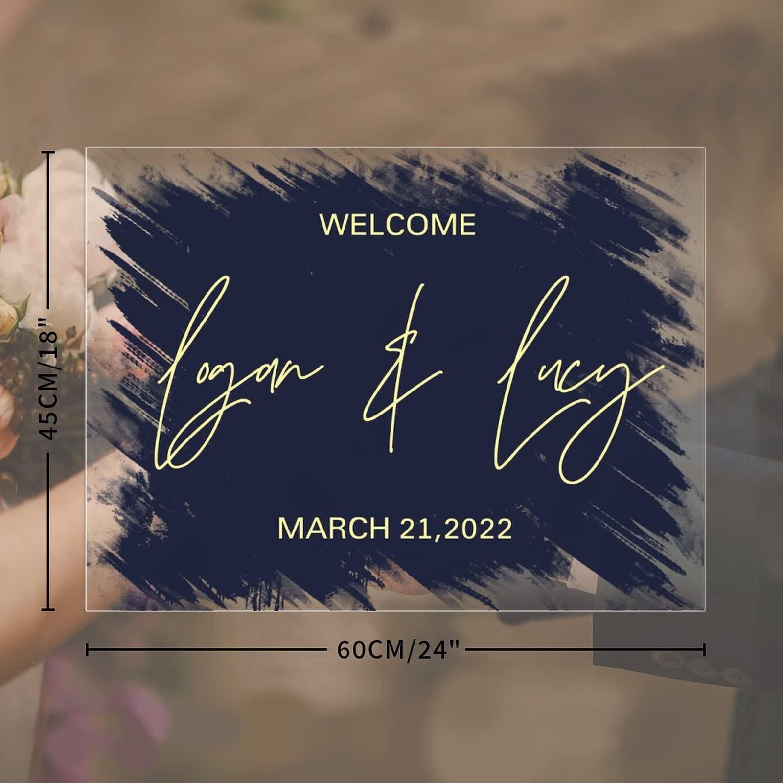 Generic And So Adventure Begins Personalized Welcome Wedding Sign Navy Blue Back Paint Gold Art Font Wedding Ceremony Sign Modern Acrylic Reception Decorations Party Signs for Wedding Ceremony 18x24in