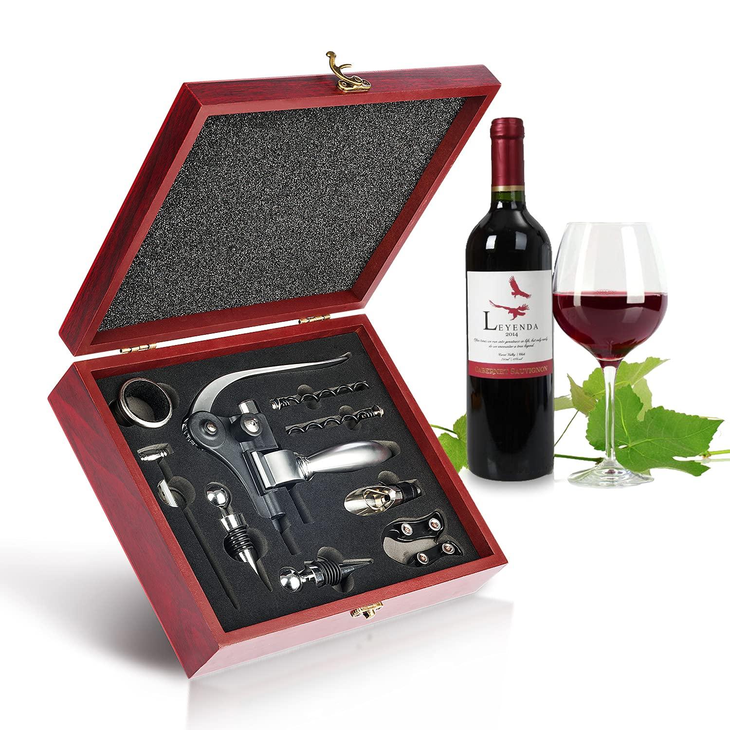 QCLTY 9-Pieces Wine Opener Set - Rabbit Corksrew Stainless Steel Wine Bottle Opener Kit, Includes Foil Cutter | Wine Decanter Pourer | Thermometer | Drip Ring Wine | Bottle Alloy Stopper with Nice Gift Box