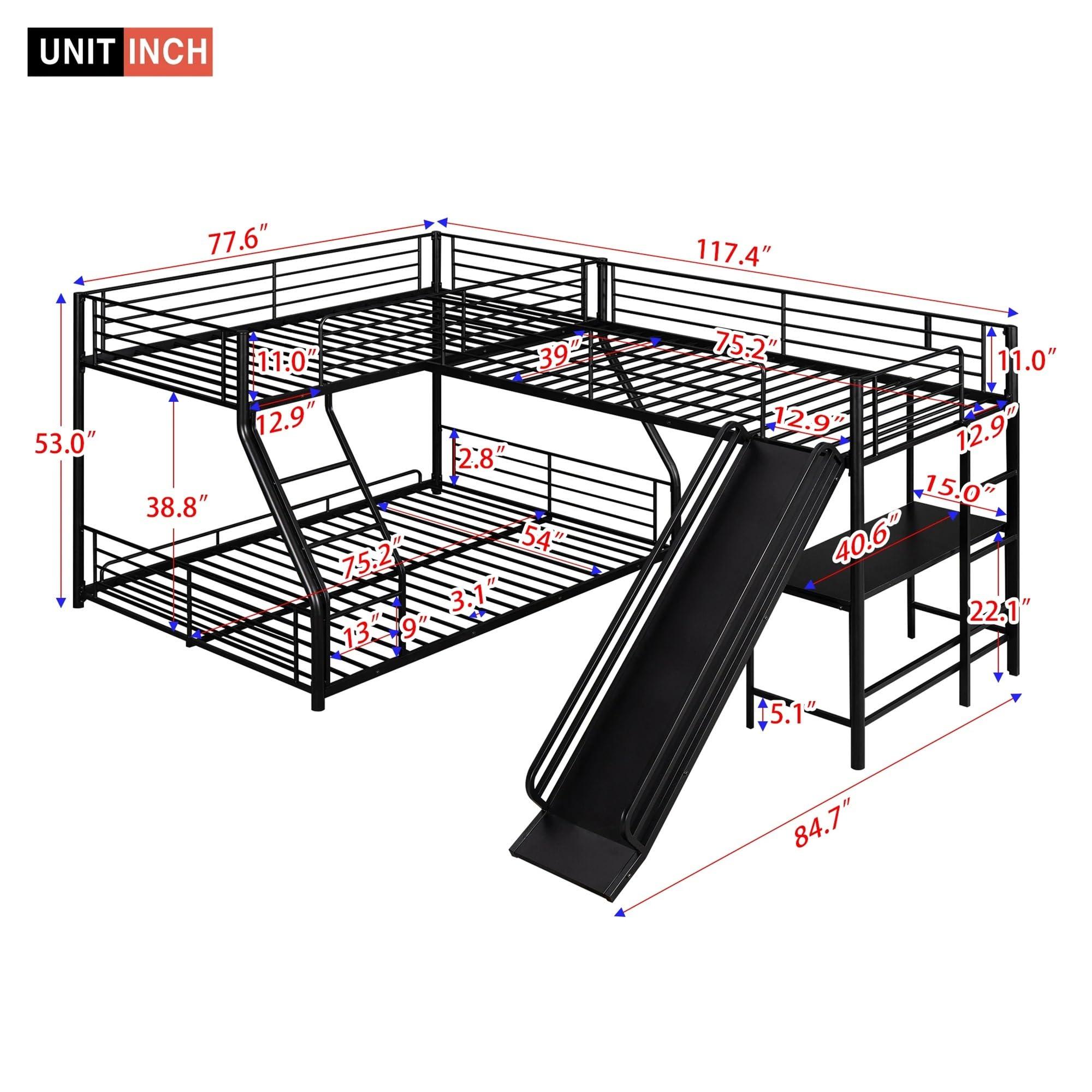 MhaRt L-Shaped Twin Over Full Bunk Bed with Twin Size Loft Bed, Built-in Desk, and Slide, Black,Modern Style