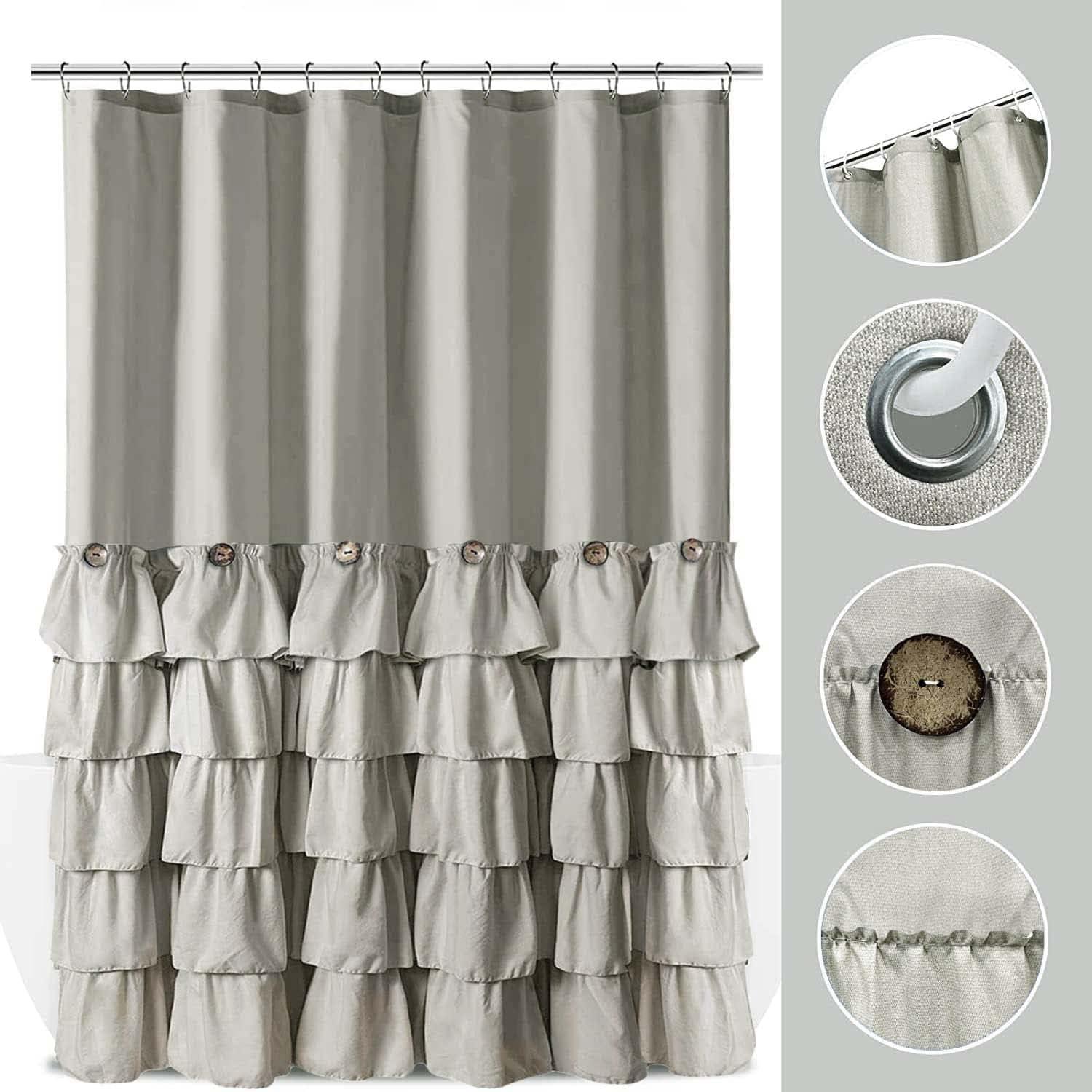 Seasonwood Grey Ruffle Button Shower Curtain Farmhouse Shower Curtain Set with 12 Hooks 72 X 72 inch Fabric Shower Curtains for Bathroom Bathtubs Decor Accessory Shabby Chic French Country Style
