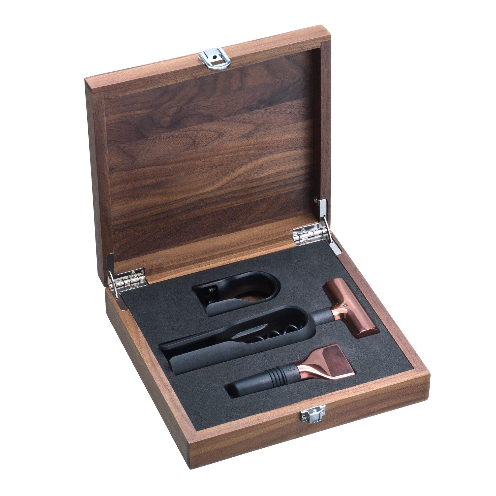 WMF WMF Baric Sommelier Wine Set 3-Piece Walnut Wooden Box Corkscrew, Foil Cutter, Bottle Stopper, Copper