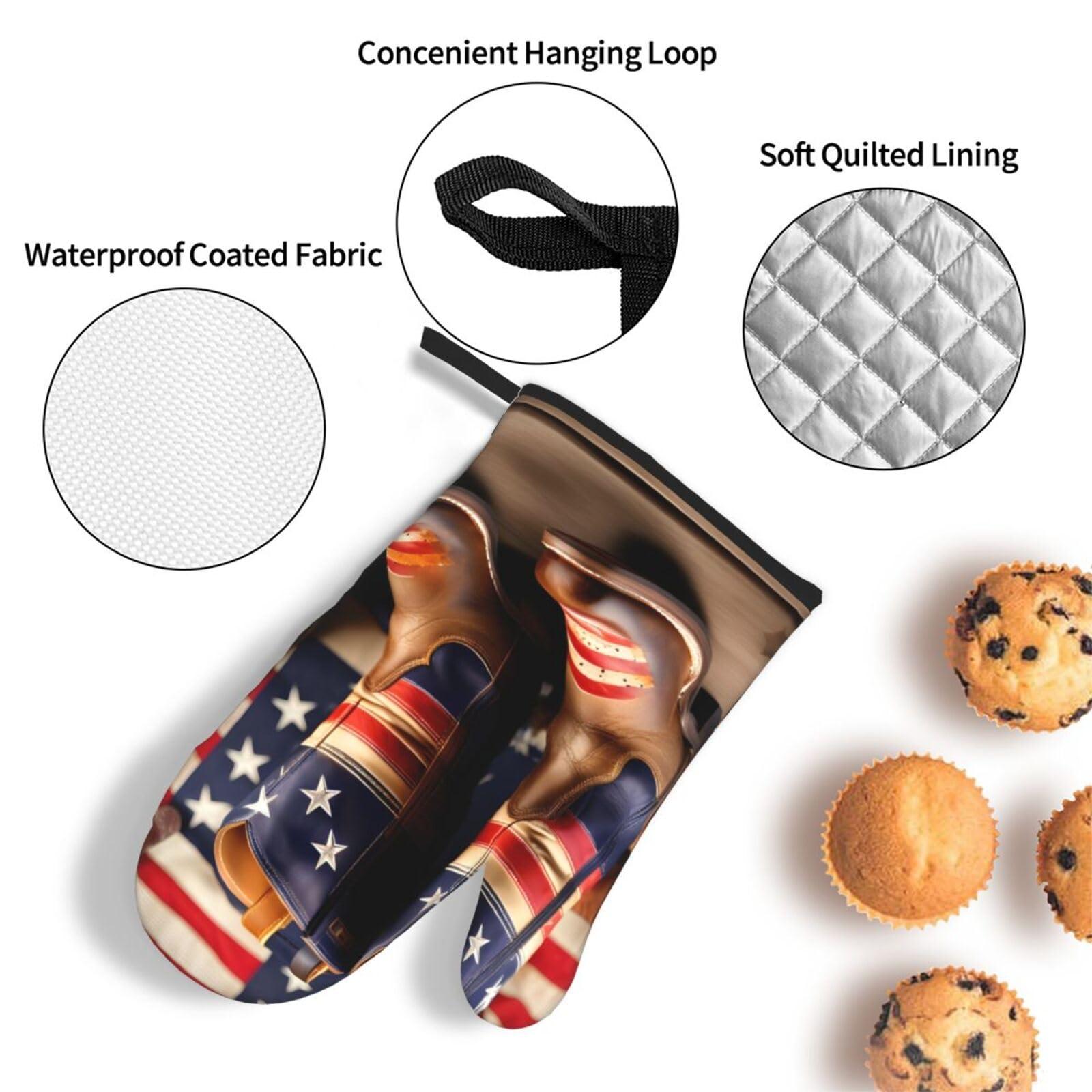 ZISHAK American Flag with Cowboy Boots Oven Mitts and Pot Holders SetUltimate Heat Resistant Set for Kitchen and Dining