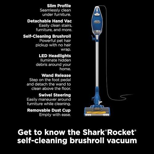 Shark Shark HV343AMZ Rocket Corded Stick Vacuum with Self-Cleaning Brushroll, Lightweight & Maneuverable, Perfect for Pet Hair Pickup, Converts to a Hand Vacuum, Crevice Upholstery Tools, Blue/Silver