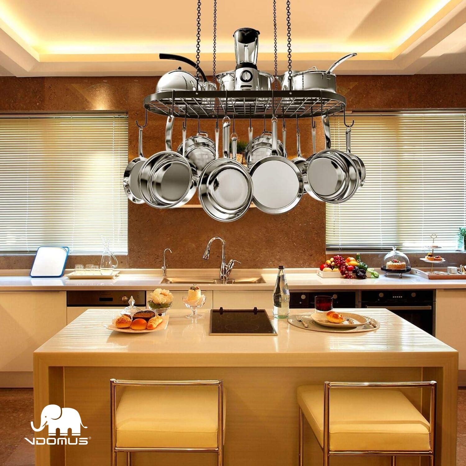 Vdomus Vdomus Heavy-Duty Hanging Pot Rack - 33x17 Inches - Stylish Black Alloy Steel Ceiling Storage with 15 Hooks - Organize Kitchen Cookware and Utensils - Space-Saving Mounted Overhead Holder