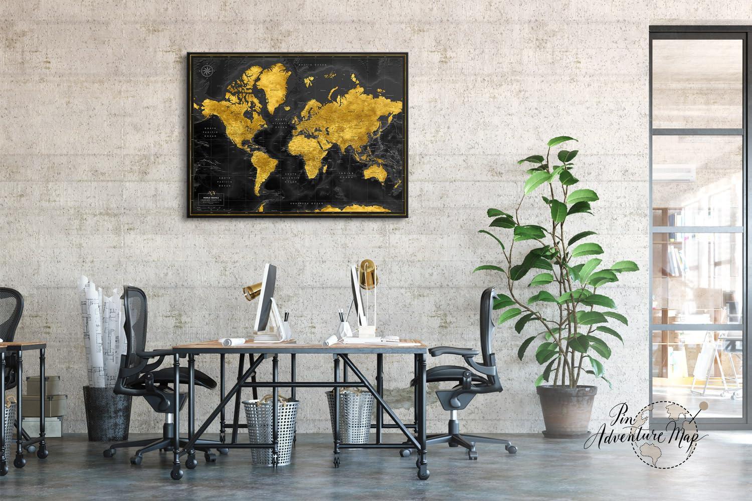 Pin Adventure map Push Pin World map with pins to mark travels - World Map pinboard - Gift for traveler & interior decor (40 x 30, Midnight Gold)